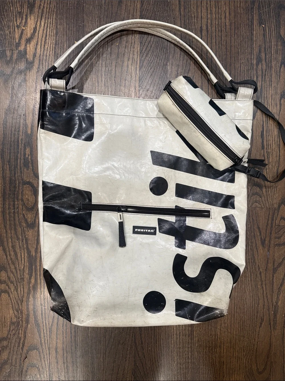 FREITAG Grey & Black Graphic Shoulder Bag with Detachable Pouch.